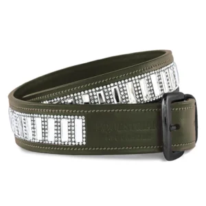 A green belt with white and black stripes on it.