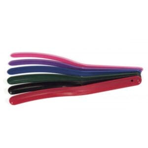 A group of five different colored plastic handles.