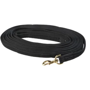 A black rope with a gold hook on it.