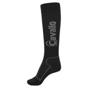 A pair of black socks with the word " cavallo ".