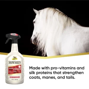 A horse is standing next to a bottle of sundries.