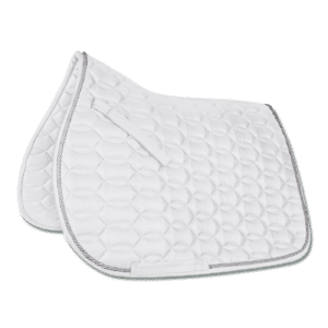 A white saddle pad with a silver trim.