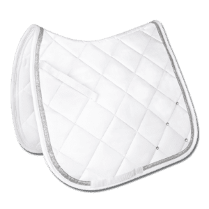 A white saddle pad with silver trim on top of it.