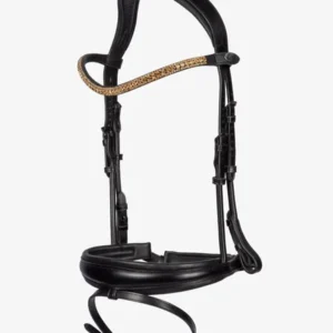 A black bridle with a brown rope on it's side.