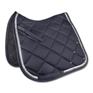 A black saddle pad with white trim on top of it.