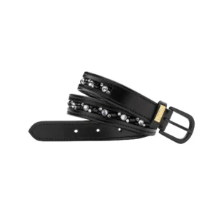A black belt with white skulls and gold buckle.